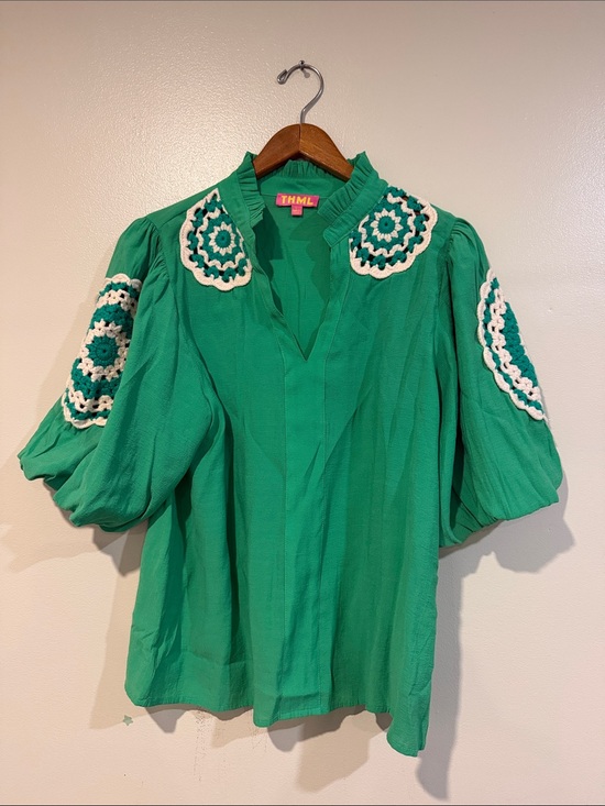 THML Tops - THML Emerald Green Puff Sleeve Blouse with Cream Crochet Medallions